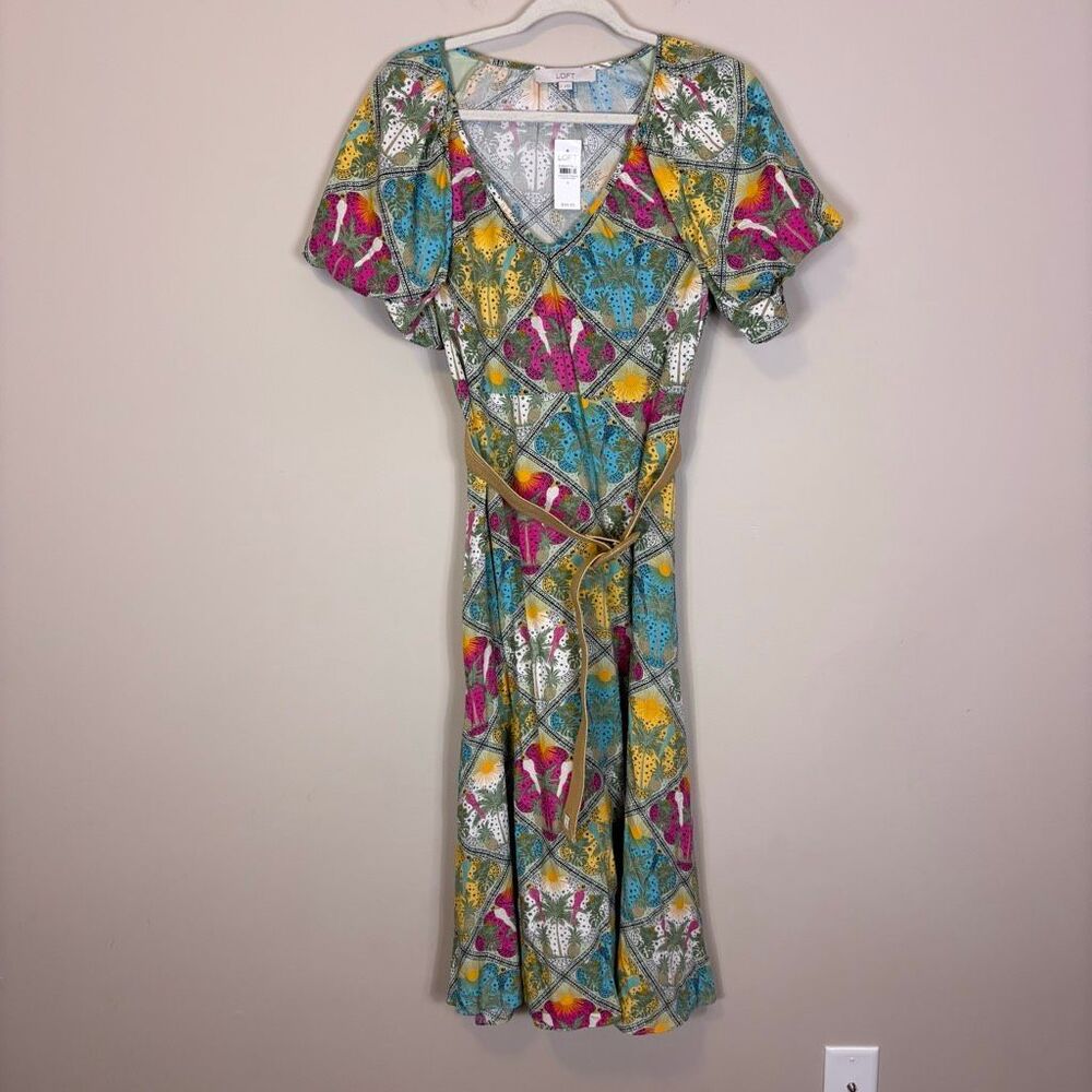 New Loft‎ Pink, Yellow, and Blue Patterned Short Sleeve Midi Dress with Belt 6